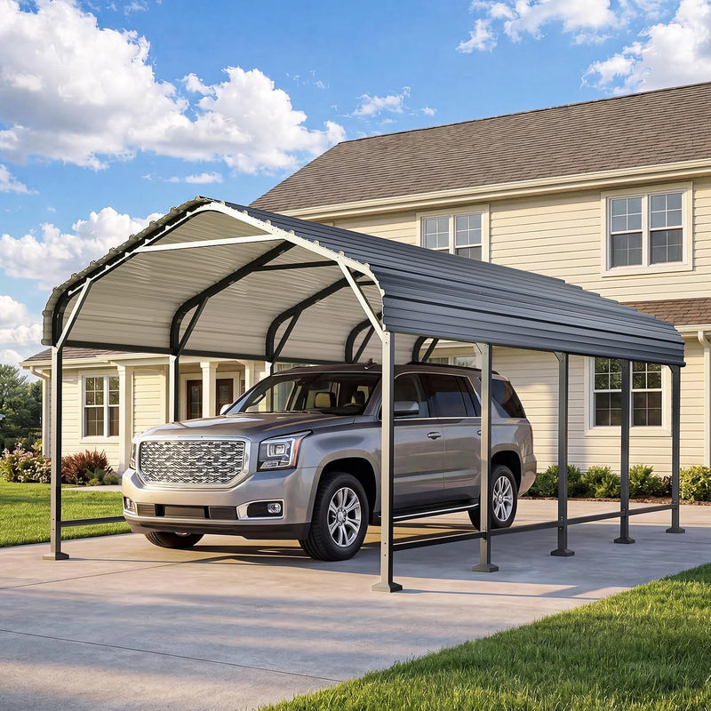 Aoxun Metal Carport - 12 x 20 ft, Galvanized Steel, Enhanced Base, Black