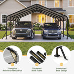 Aoxun Metal Carport - 12 x 20 ft, Galvanized Steel, Enhanced Base, Black