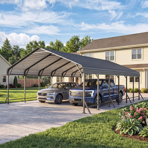 Aoxun Metal Carport - 12 x 20 ft, Galvanized Steel, Enhanced Base, Black
