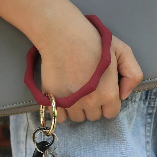 Greenmowers Silicone Wristlet Keychain Bracelet with Bamboo Charm for Women